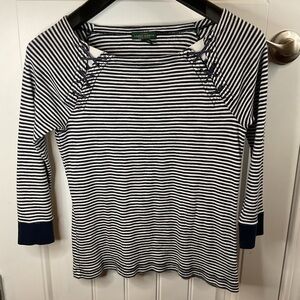 Ralph Lauren Navy Striped Boat Neck Shirt 3/4 sleeve Women’s M coastal preppy